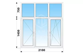 Трехстворчатое Французское пластиковое окно с глухой фрамугой 2100x2200 П-Г-ПО