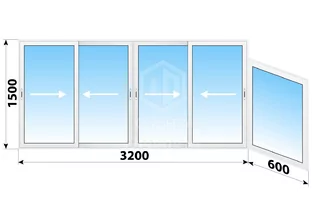 Раздвижное алюминиевое остекление балкона 1-515/9Ш 3800x1500